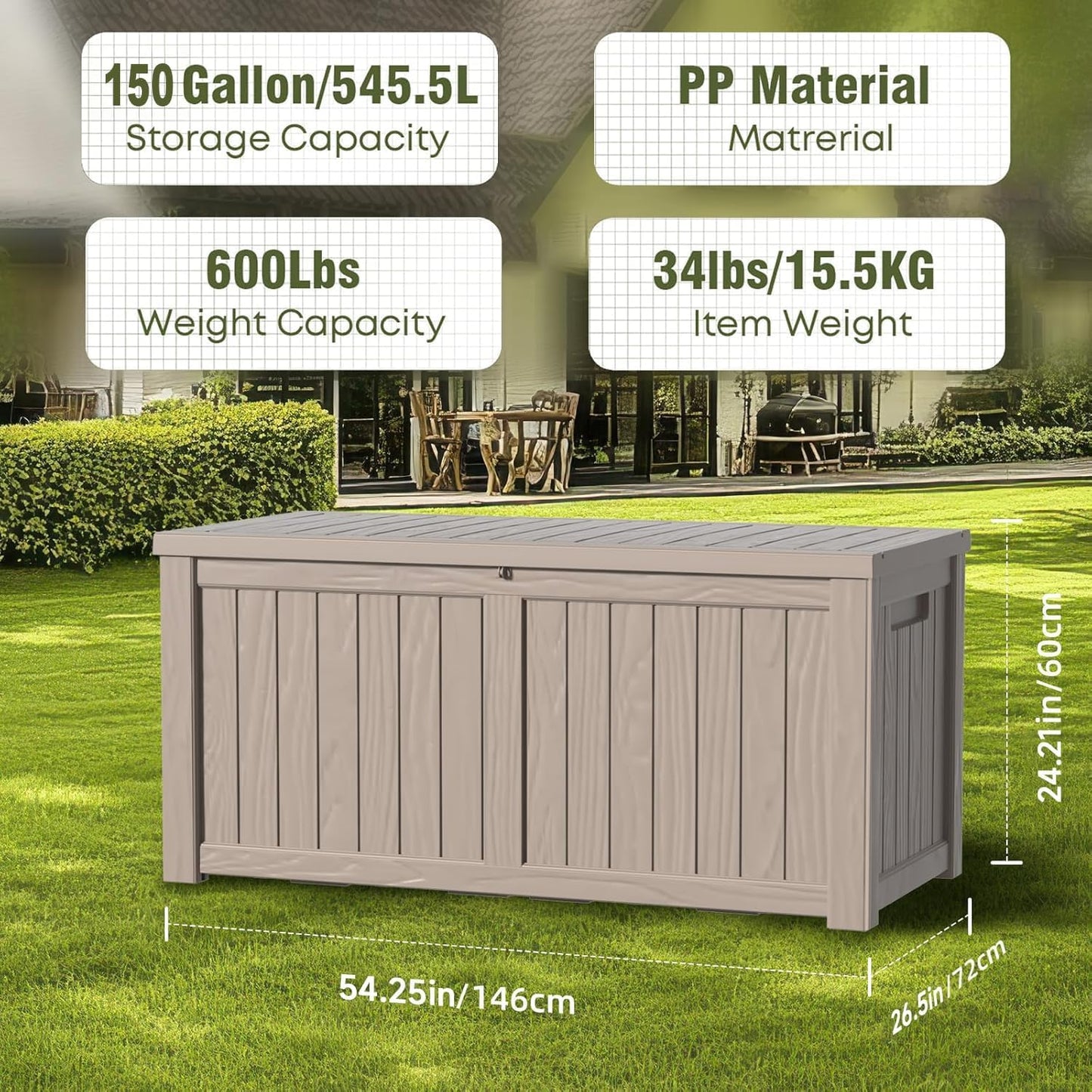 Regine Switzerland 150 Gallon Outdoor Deck Box - Lockable Waterproof Storage for Garden Tools & Cushions | Grey
