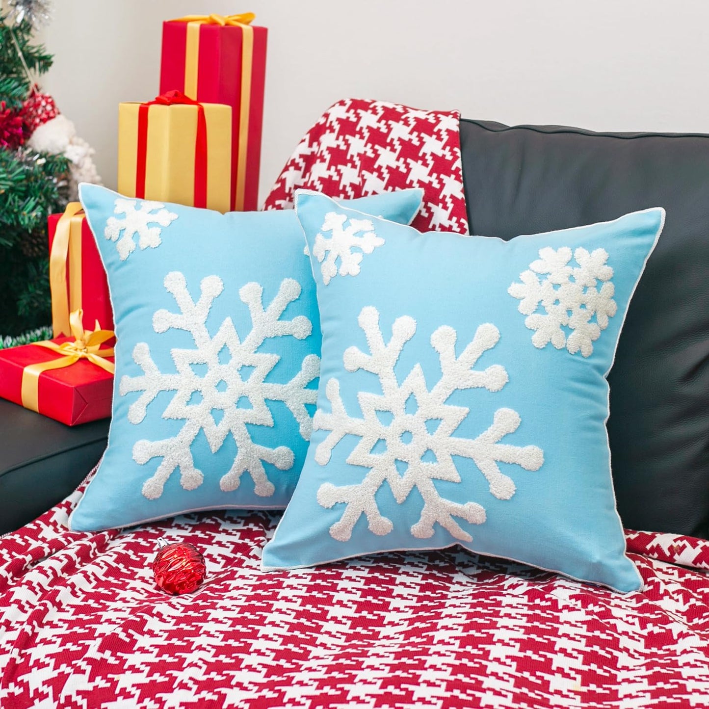 Christmas Snowflake Embroidered Throw Pillow Covers - 18x18 Cotton Linen, Set of 2