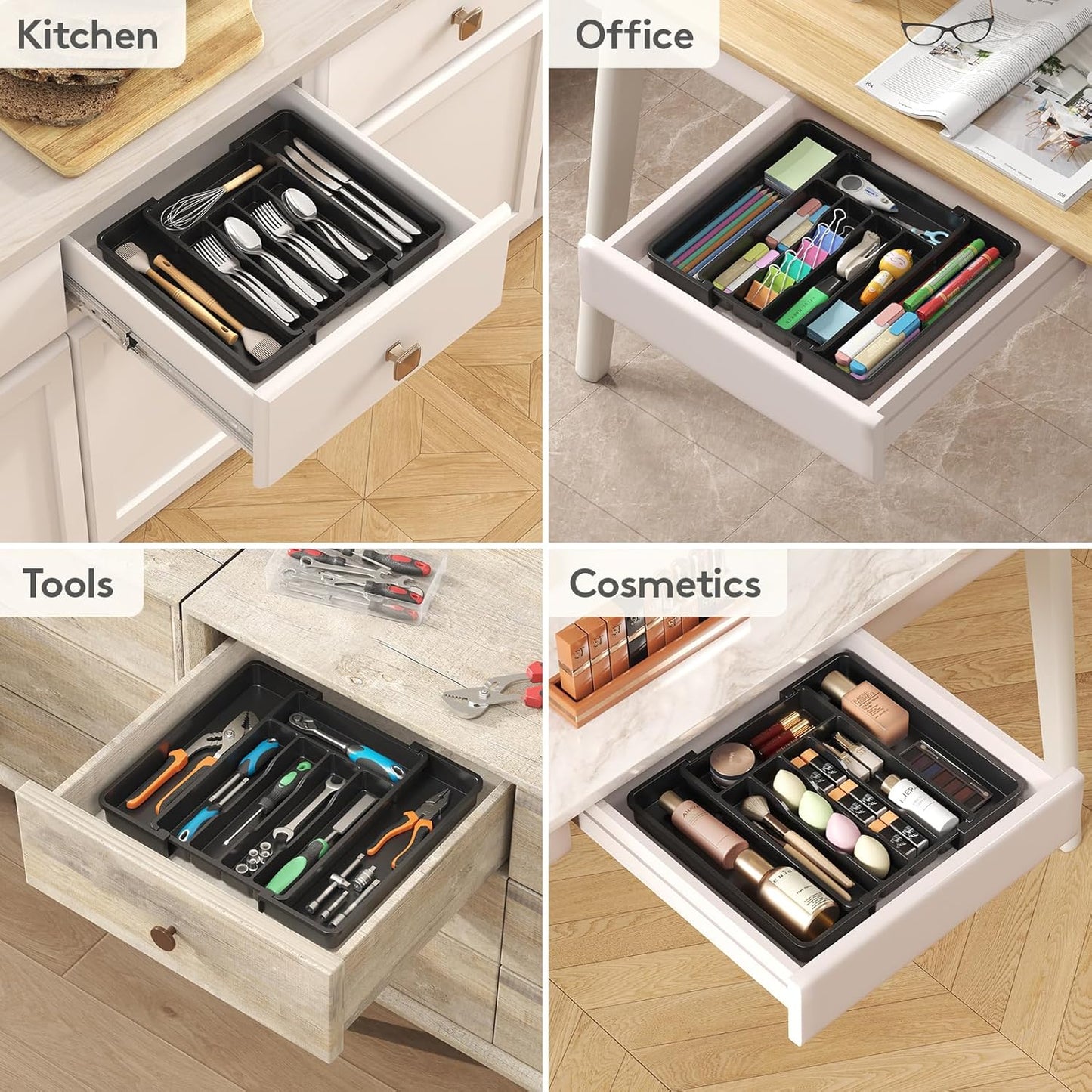 Lifewit Expandable Silverware Organizer - BPA-Free Plastic Utensil Tray for Kitchen Drawers | Black, 8.5-14 x 12 x 1.5 Inch