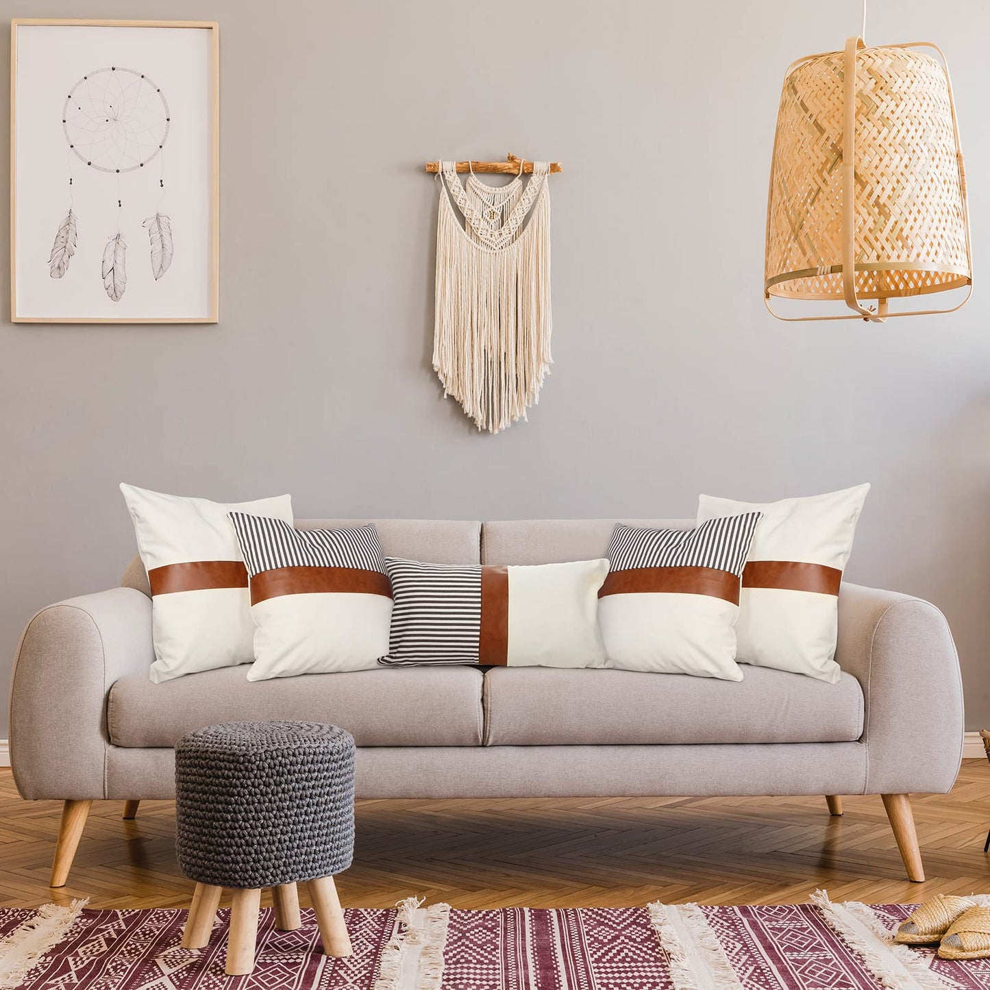 Tradder Farmhouse Decorative Pillow Covers Set of 5 20x20 18x18 12x20 Inch Modern Boho Faux Leather and Linen Stripe Pillowcase for Home Couch Living Room Decor(Cool Style, Cool Style)