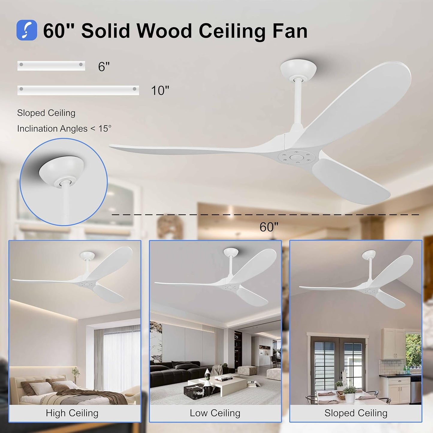 60 inch Ceiling Fans Without Lights, Wet Rated Outdoor Ceiling Fans with 3 Wood Blades, for Patios Outside Porch, Noiseless Reversible DC Motor and Remote, for Outdoor Indoor,Black