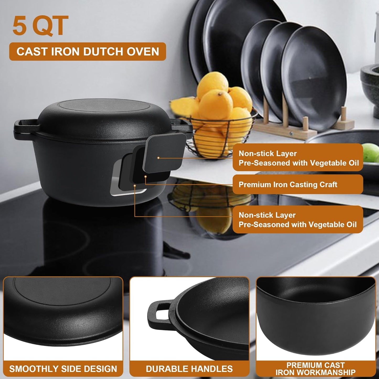E-far 5 Quart Enameled Cast Iron Dutch Oven, 2 in 1 Dutch Oven Pot with Skillet Lid and Silicone Bread Sling, Ideal for Bread Baking, Cooking, Stewing, Frying, Induction & Oven Safe - Red