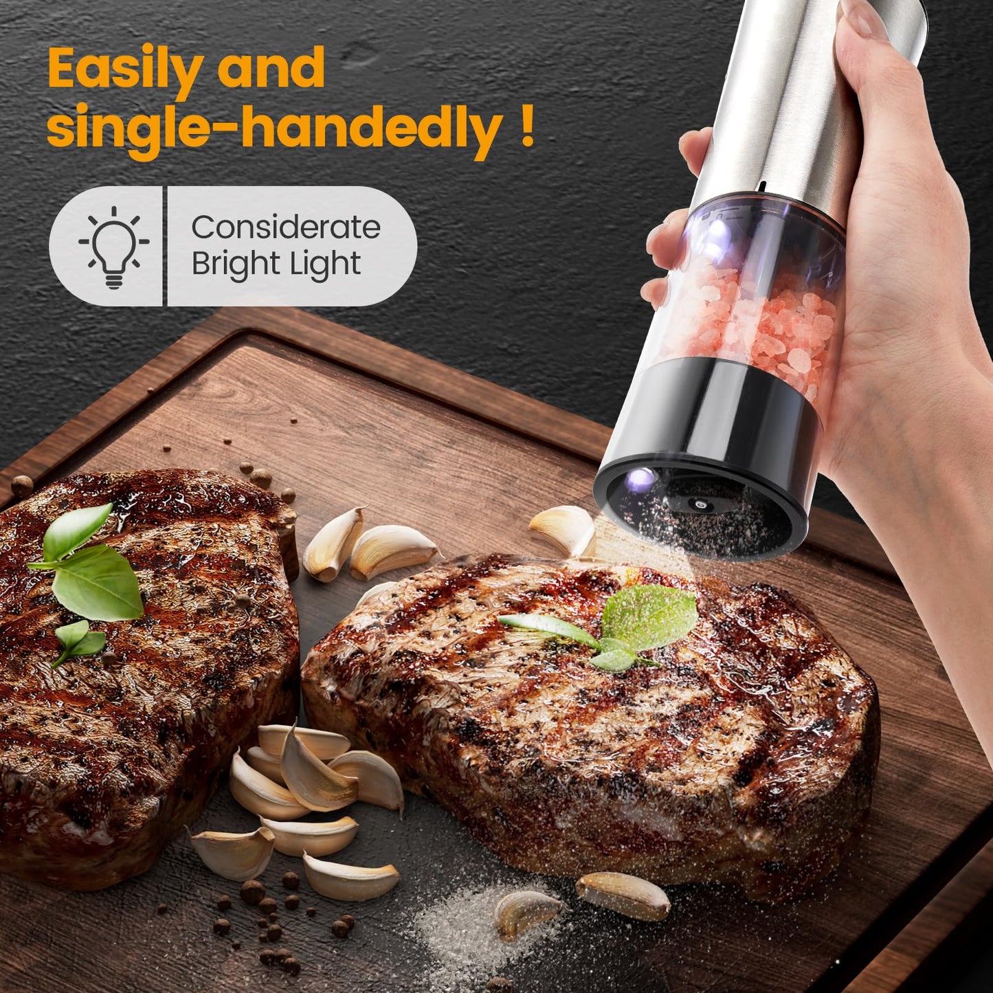 Electric Salt and Pepper Grinder Set — Gravity Rechargeable Salt Pepper Grinder with Charging Base and LED Light, Adjustable Coarseness, Large Capacity, One-handed Operation Salt Pepper Mills