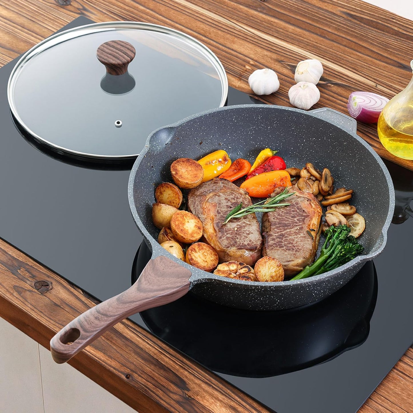 SENSARTE Nonstick Deep Frying Pan - 12-Inch Saute Pan with Lid & Stay-Cool Handle | Induction Compatible, PFOA Free