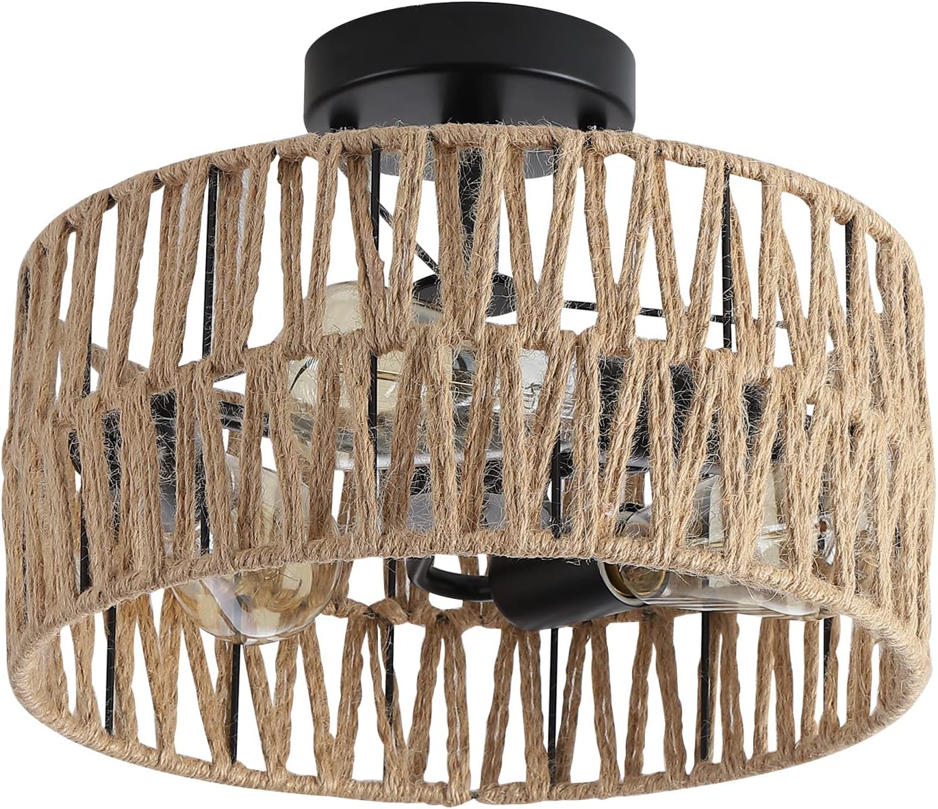 3-Light Antique Gold Woven Flush Mount Light Fixture Rustic Coastal Hemp Rope Brass Semi Flush Mount Ceiling Light for Hallway Bedroom Kitchen Entryway Farmhouse Living Room