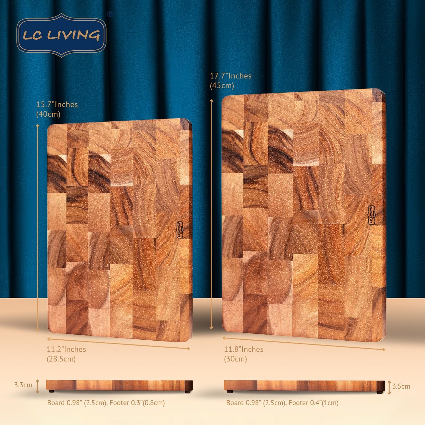 Thai Acacia Wood Grande Rectengular Cutting Board w/Footer, best for chopping serving butcher board, prep station, kitchen deco, cheese, meat, bread, 15.7"x11.2" / 17.7”x 1.8” (Large)