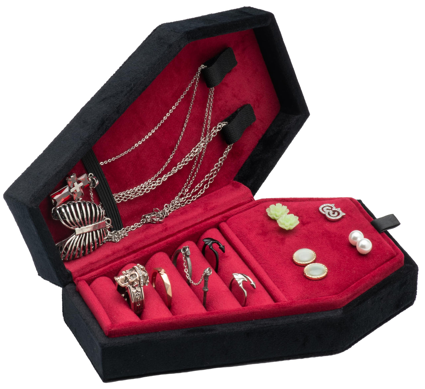Giftop Velvet Coffin Jewelry Travel Case Holder for Gothic Wedding Ceremony,Gothic Jewelry Organizer Decoration (Black Red 4 Grid)