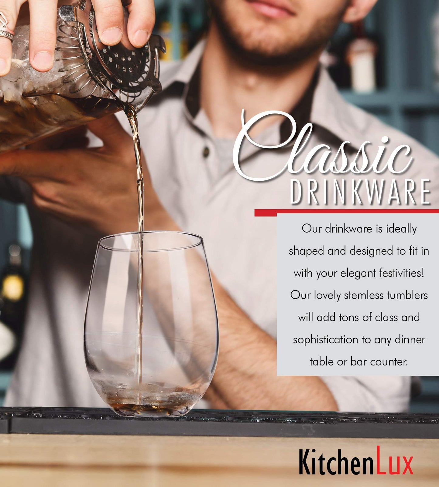 Kitchen Lux Stemless Wine Glasses Set of 12, 18oz Stemless Wine Glass & Cocktail Tumbler Set – Premium Glass Drinking Cups in Bulk– Deluxe Gift Pack Short Drinking Glasses, Dishwasher Safe
