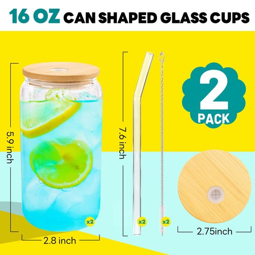 Joyclub Glass Cups with Bamboo Lids and Straws 2 Set 16 oz Reusable Iced Coffee Cup Beer Can Drinking Jars for Smoothie Whiskey Boba Soda Tea Gift