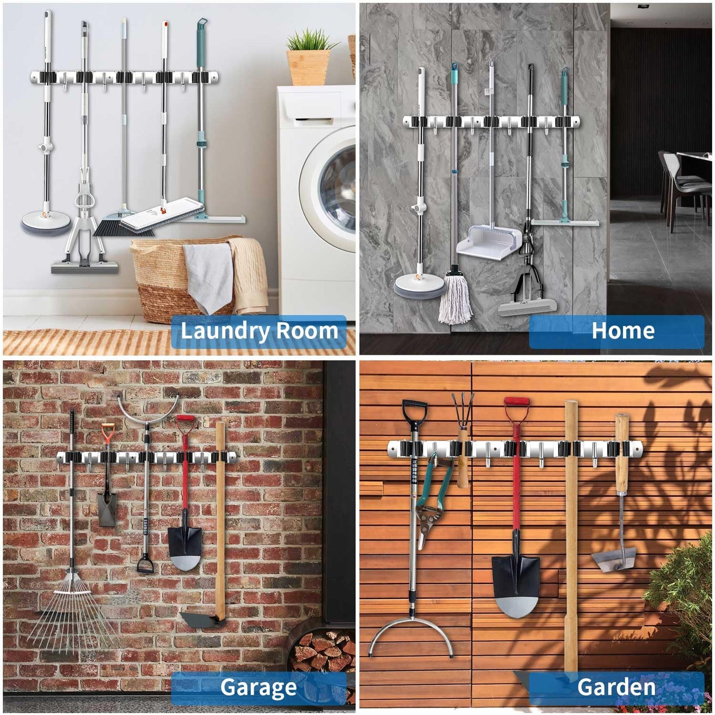 TOPSKINOY 2 Pack Broom Holder Wall Mount, Stainless Steel Broom Hanger Wall Mount, Heavy Duty Mop and Broom Holder Tool Racks Utility Hooks for Laundry Room Garden Garage, Grey (5 Racks and 4 Hooks)