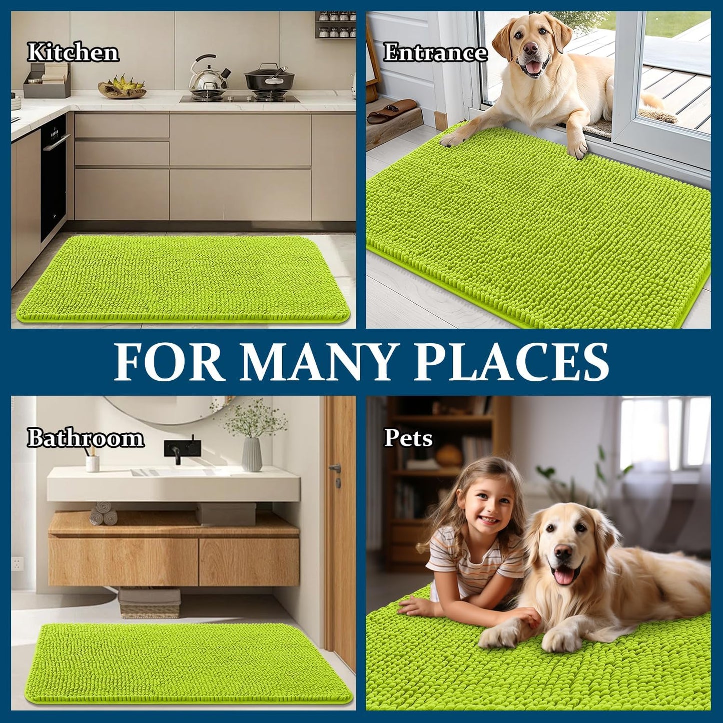 OLANLY Dog Door Mat - Absorbent Non-Slip Mud Mat for Indoor Use | Quick Dry Chenille, 24x16, Bright Green