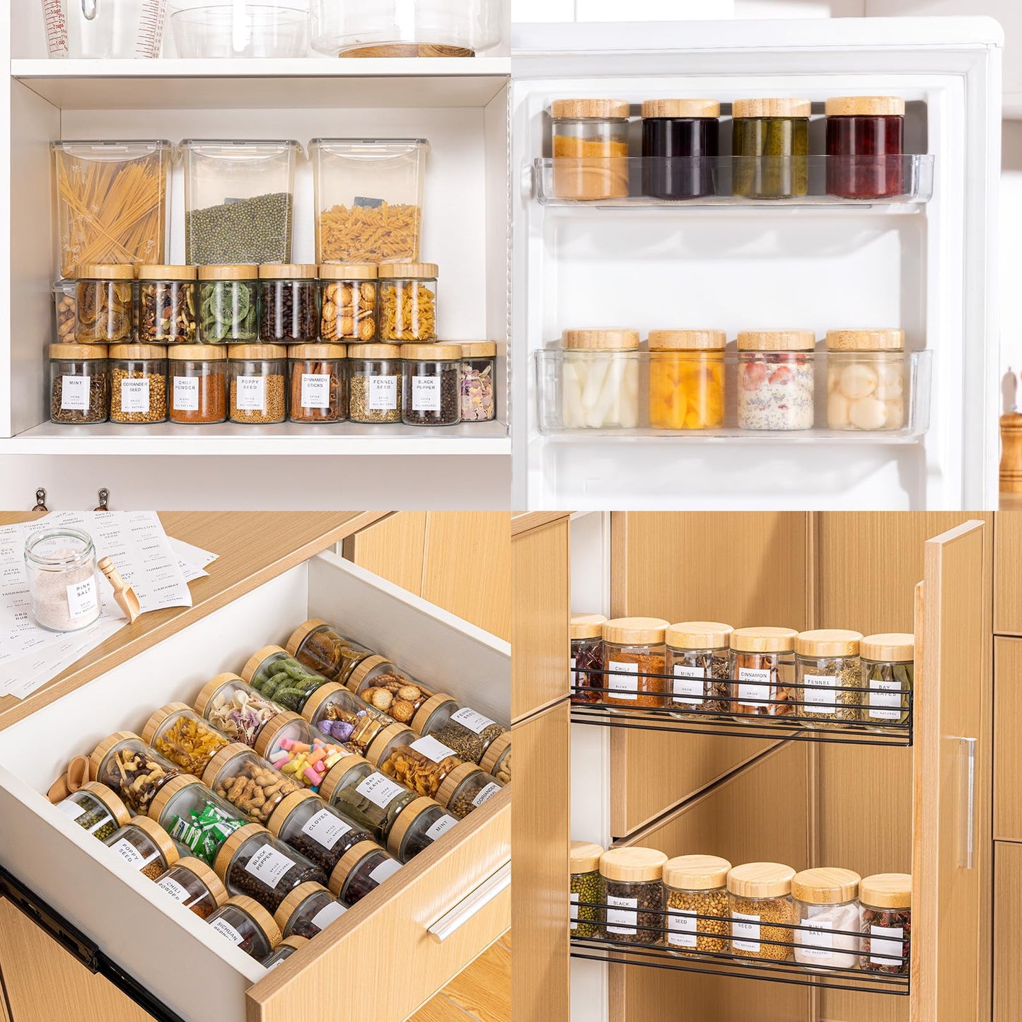 FavorFlavor 12-pack 10oz Glass Spice Jars with Labels, Spice Containers with 12 Wooden Spoons, Airtight Seasoning Containers with Bamboo Lids