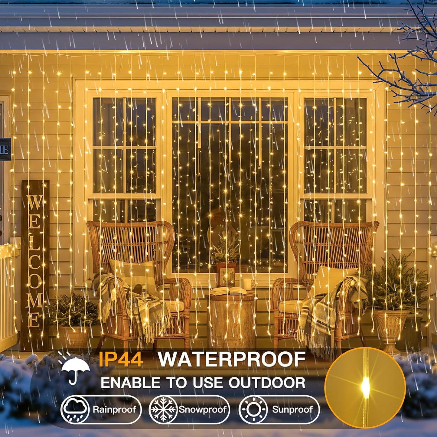 Suddus Tangle-Free Curtain Lights - 400 LED Waterproof Hanging Lights for Christmas & Events | Warm White