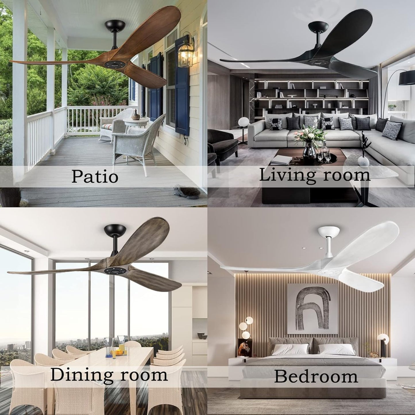 60 inch Ceiling Fans Without Lights, Wet Rated Outdoor Ceiling Fans with 3 Wood Blades, for Patios Outside Porch, Noiseless Reversible DC Motor and Remote, for Outdoor Indoor,Black