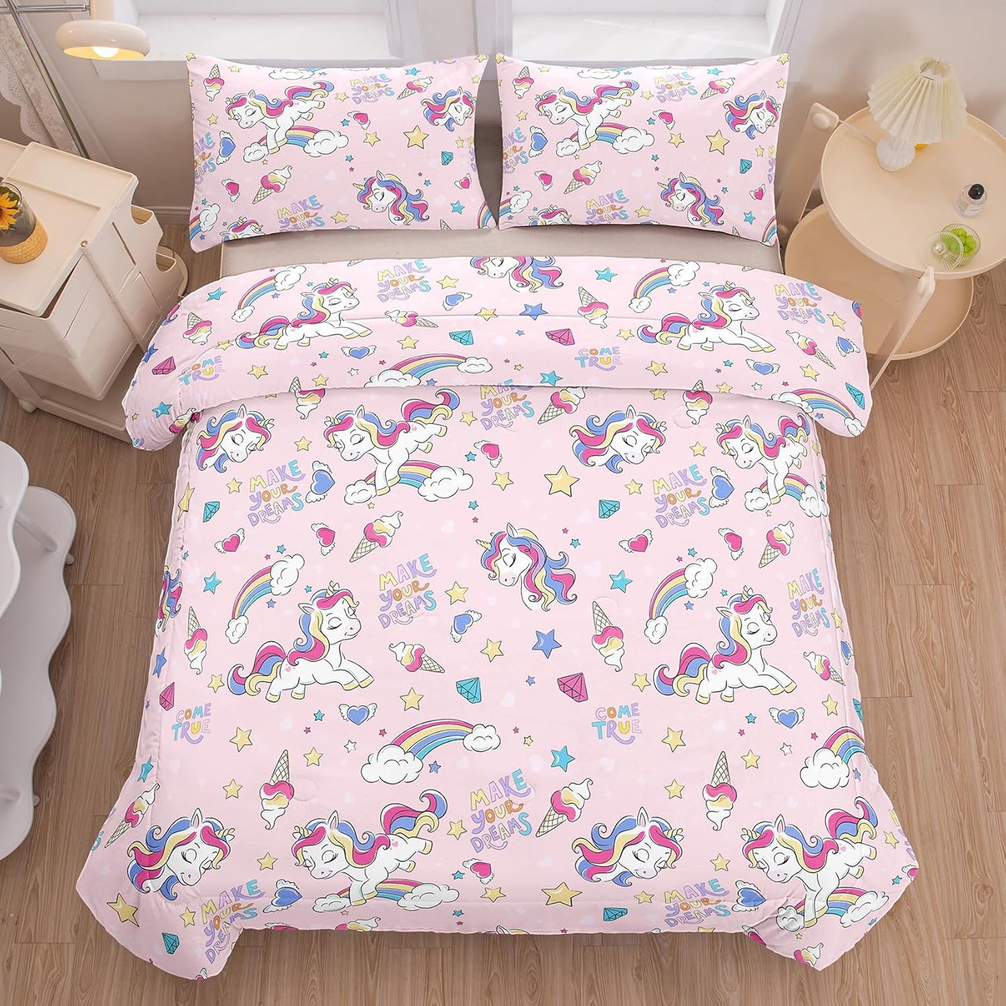 Peopleareok Unicorn Full Comforter Set for Girls Kids, Cute Pink Purple Unicorn Print Bedding Set Full, 5-Piece Bed in a Bag, Kids Cartoon Kawaii Comforter with Sheet Set