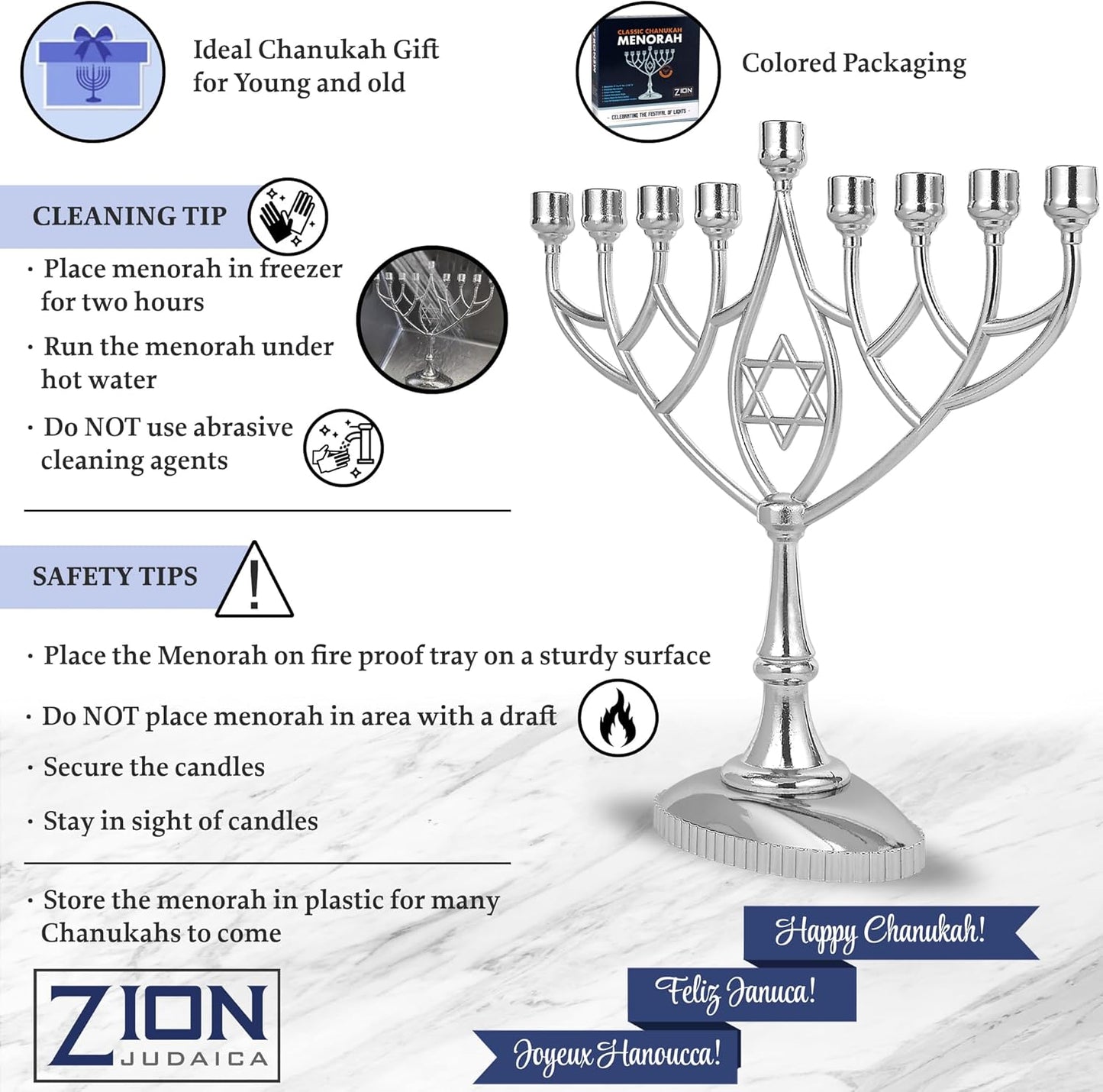 Silver Plated Geometric Hanukkah Menorah - 9" Classic Chanukah Candle Holder by Zion Judaica