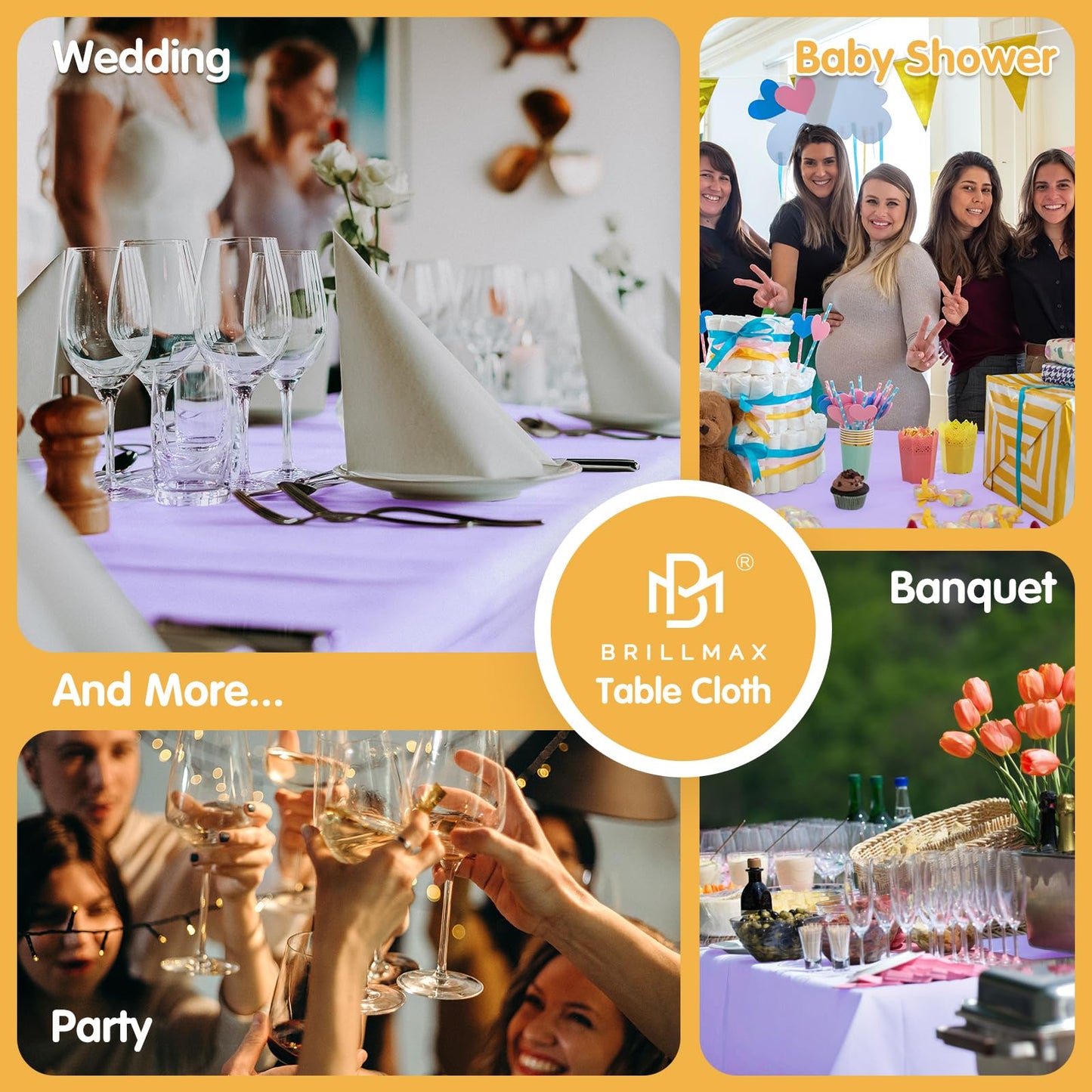 BRILLMAX 8 Pack Lavender Tablecloths 60 x 102 Inch for 6ft Rectangle Tables - 150 GSM Polyester Fabric, 15" Standard Drop, Water, Stain & Wrinkle Resistant Cloth Cover for Wedding Dining Buffet