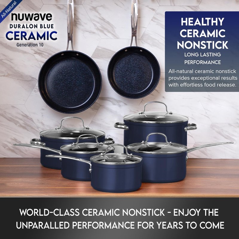 Nuwave Healthy Duralon Blue Ceramic Nonstick 12pc Cookware Set,Diamond Infused Scratch-Resistant,PFAS Free,Dishwasher & Oven Safe,Induction Ready & Evenly Heats, Tempered Glass Lids, Stay-Cool Handles