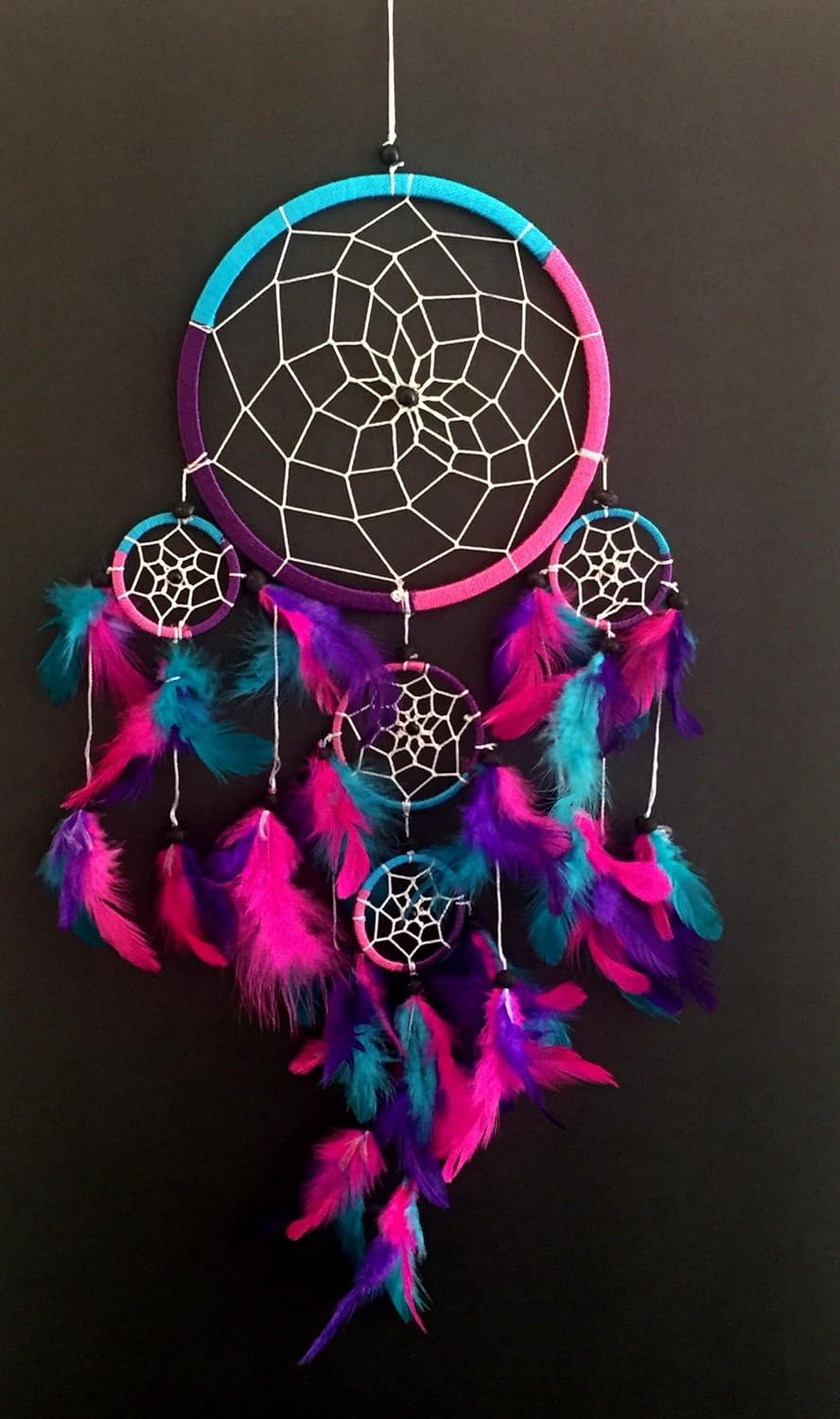Handmade Rainbow Chakra Dream Catcher - 7" Diameter with Tie Dye Feathers & Beads