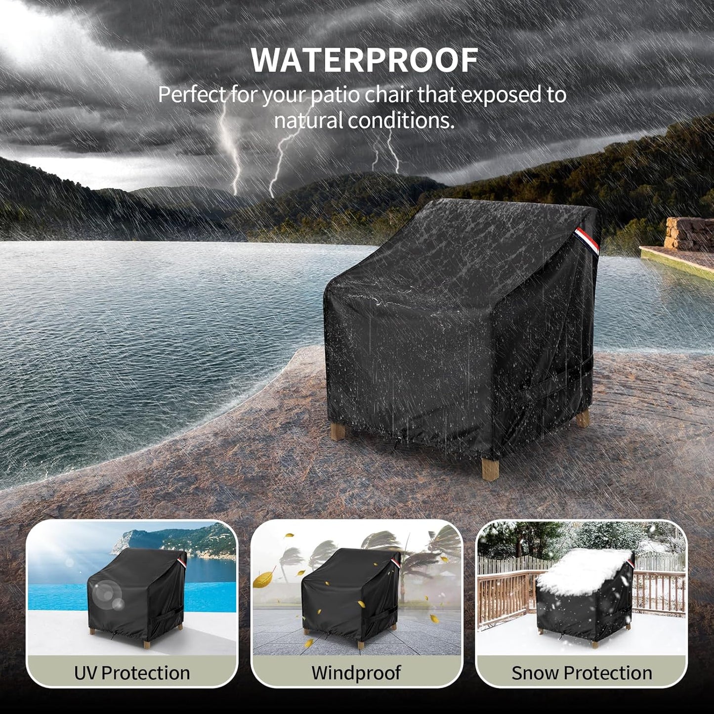KylinLucky Heavy Duty Waterproof Patio Chair Covers - 2 Pack for Deep Seat Furniture, Fits Up to 32"Wx37"Dx36"H - Black