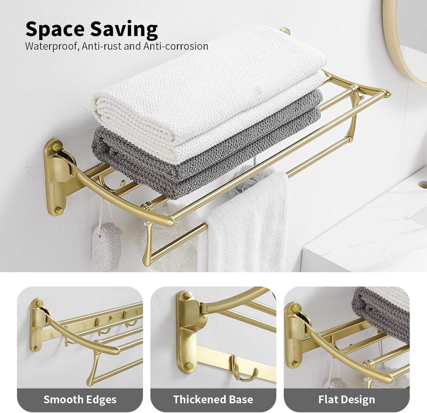BESy 24 Inch Brushed Nickel Towel Racks, Bathroom Towel Shelf with Foldable Towel Bar Holder and Towel Hooks, Wall Mounted Multifunctional Bathroom Accessories, Double Towel Bars