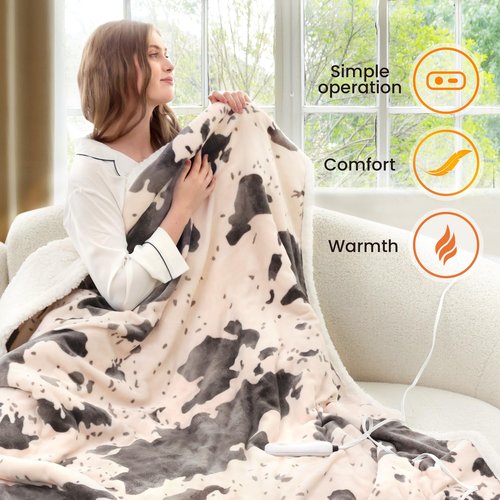 blunique Heated Throw Blanket Electric Throw with 4 Hours Auto-Off, Cozy Soft Fleece Sherpa Blanket, Washable, 50 x 60 Inches, Cow Print Pink