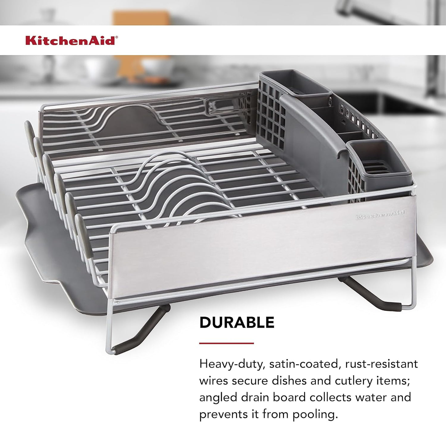 KitchenAid Dish Rack - Compact & Space-Saving Rust Resistant Design | Removable Caddy, 16.06-Inch, Black
