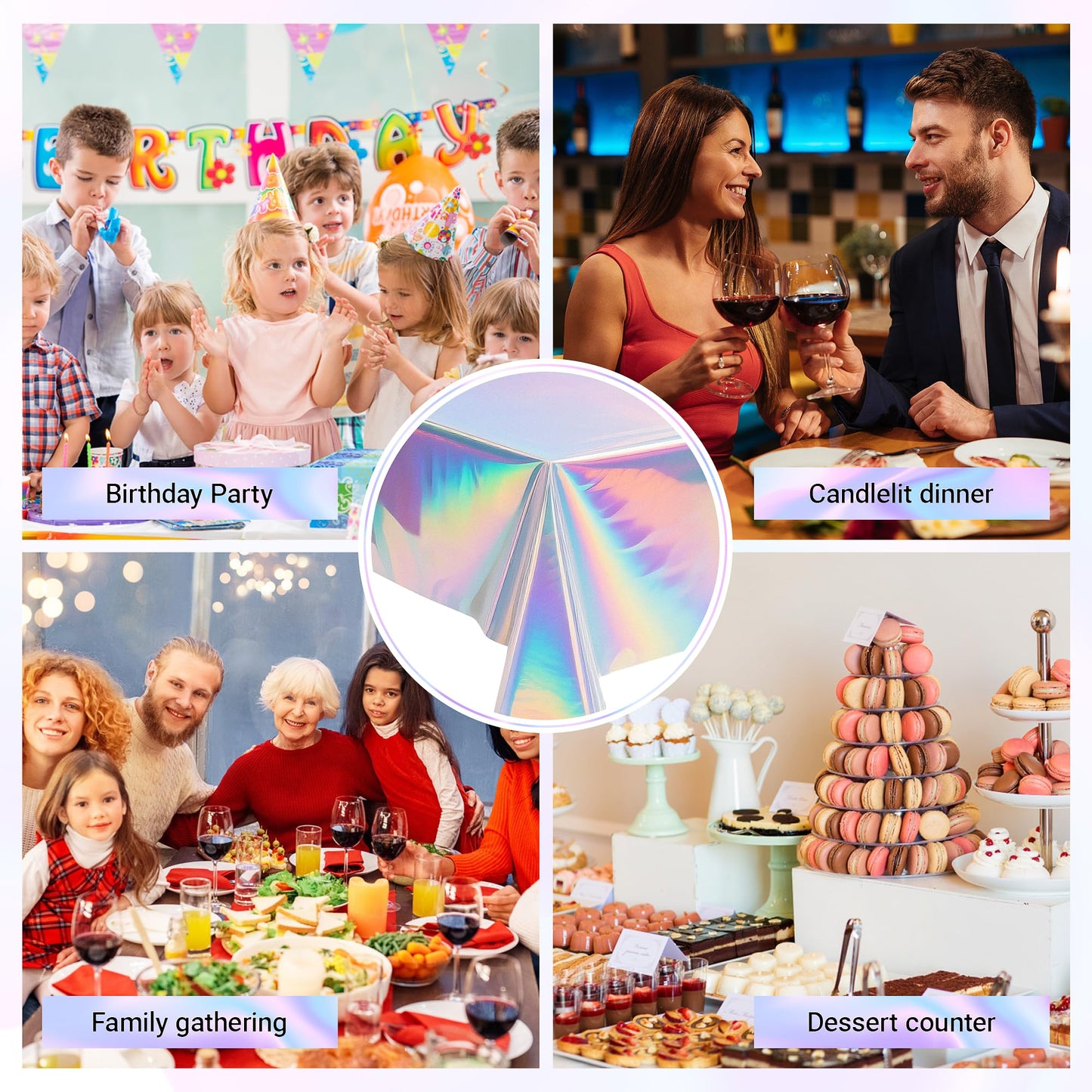 2 Pack Iridescent Tablecloth, 54" x 108" Birthday Party Table Cloths Iridescence Plastic Disposable Table Covers Iridescent Party Decorations, Birthday Decor Tablecloth for Buffet Table