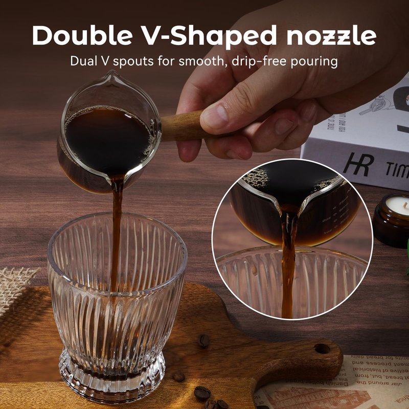 QWACVRTM 2 Pack Espresso Shot Cups Measuring cups, Wooden Handle V-Shaped Double Spout Espresso Shot Glass, Coffee Bar Essentials, coffee accessories