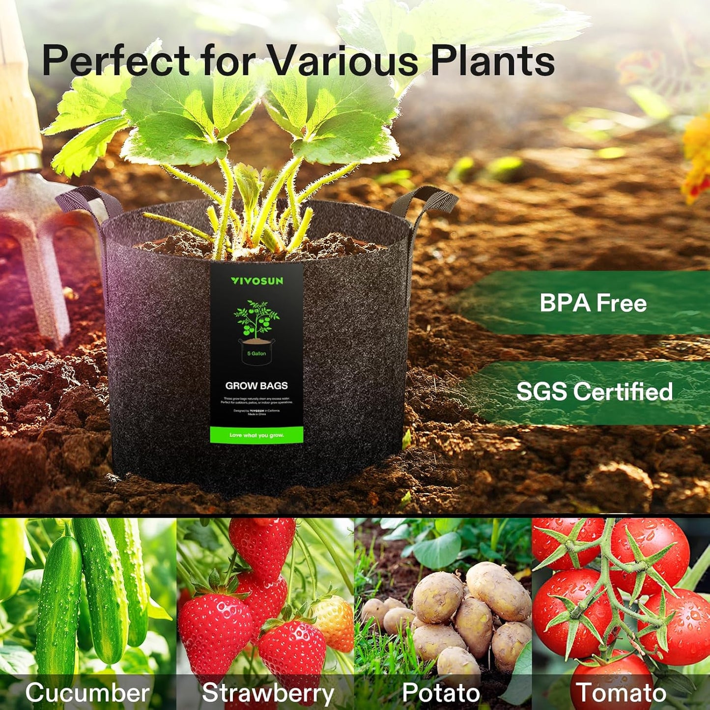 VIVOSUN 5 Gallon Grow Bags - Reinforced Fabric Planter Pots for Gardening | 10-Pack, Black
