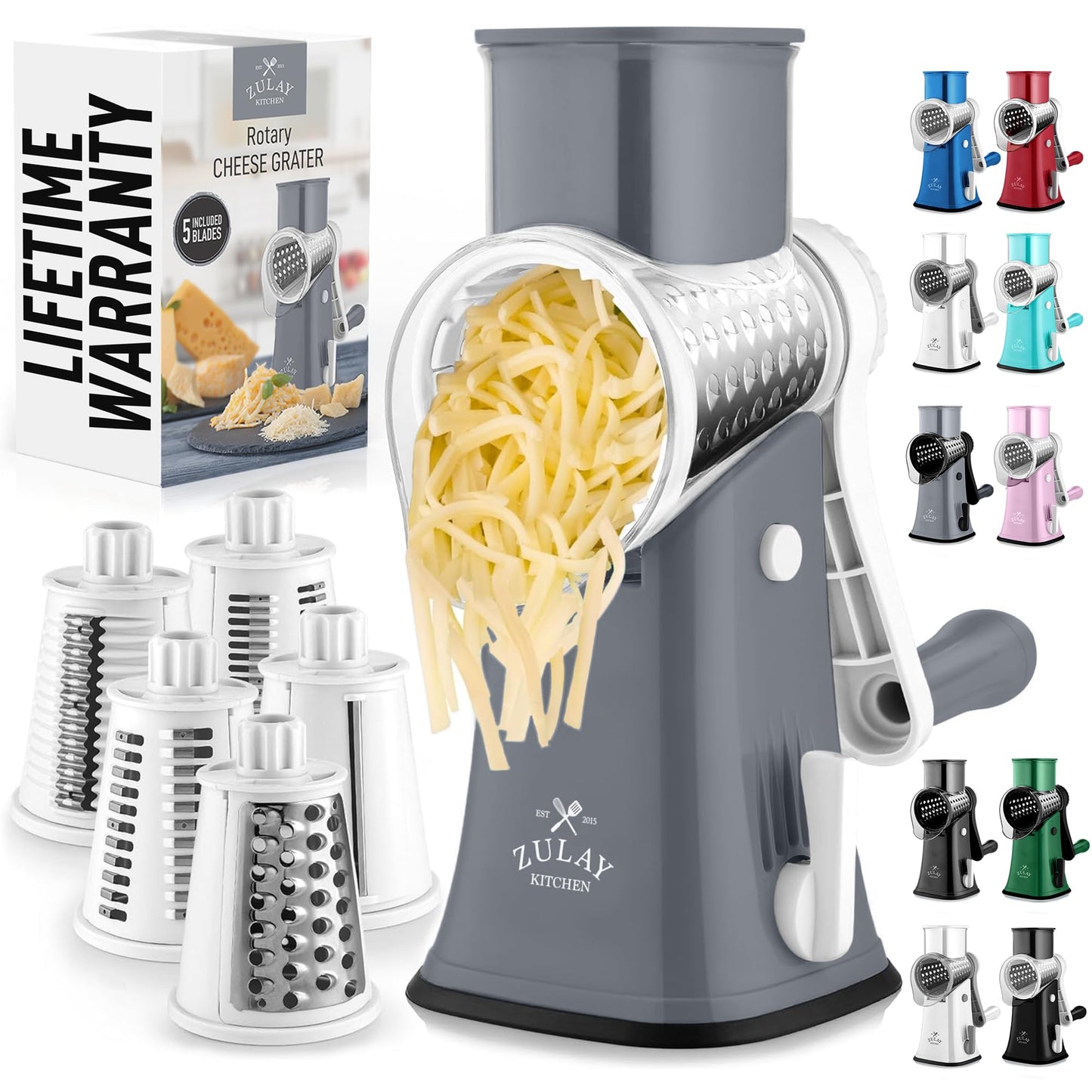 Zulay Rotary Cheese Grater 5 Blade Cheese Shredder - Manual Hand Crank Cheese Grater With Reinforced Suction & 5 Interchangeable Drums - Easy to Use Vegetable Chopper - Cloud Whisper