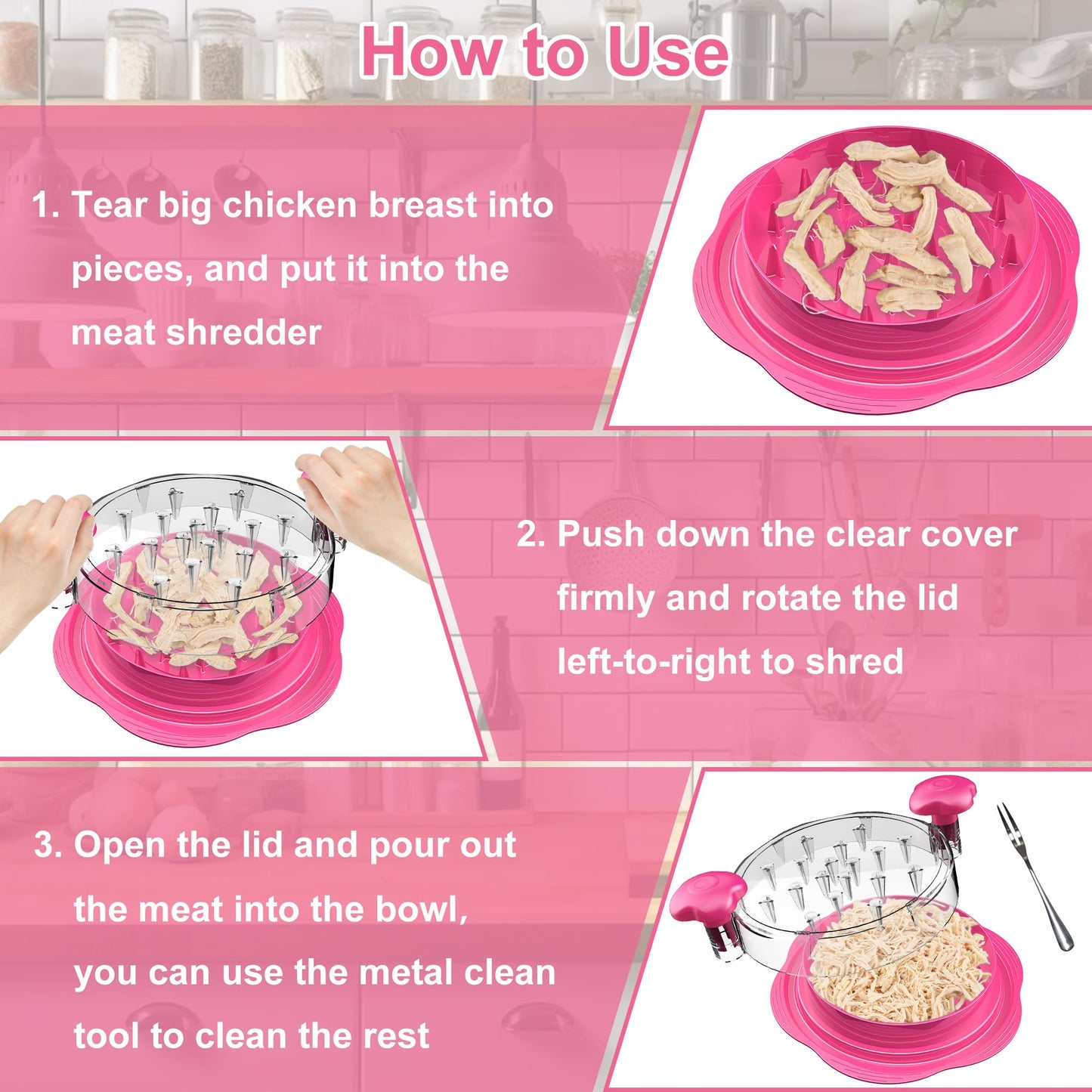 SURETIVIAN Chicken Shredder Large Chicken Breast Shredder Tool Twist with Brush&Fork, Visible Meat Shredder Machine, Anti-Slip Strip, Ergonomic Handle, BPA Free, Pork Beef Chicken(Hot Pink)