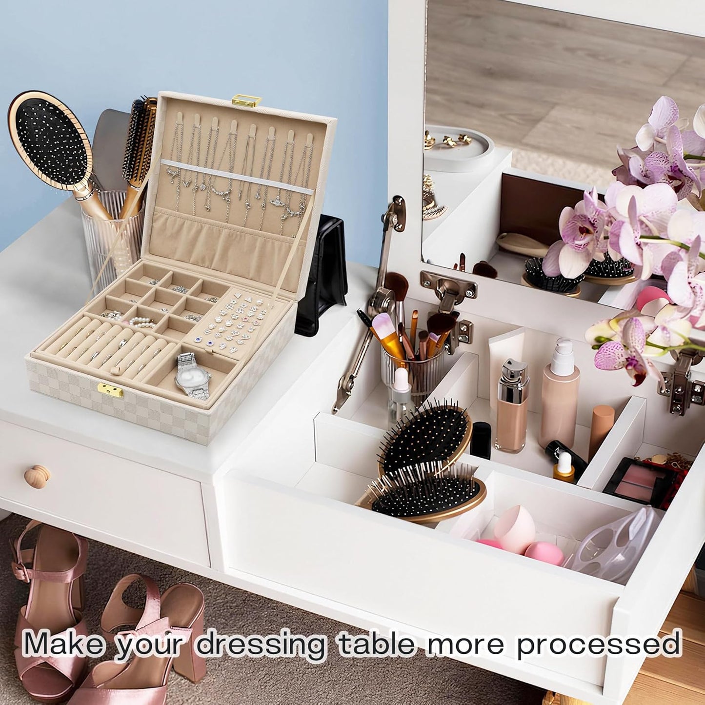 Jewelry Organizer Box, Jewelry Box Organizers for Women Girls, 2 Layers Large Leather Jewels Storage Case for Earring, Rings, Necklaces, Bracelets, Big and Small Jewellery, Watch, Ideal Gift (Brwon)