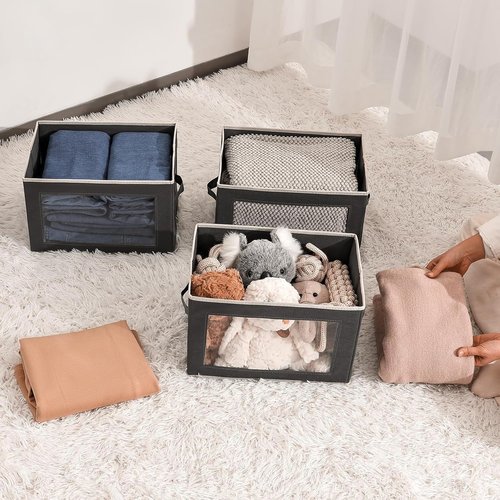 Homsorout Stackable Storage Bins - Medium Foldable Closet Organizer with Lids | 4-Pack Dark Grey