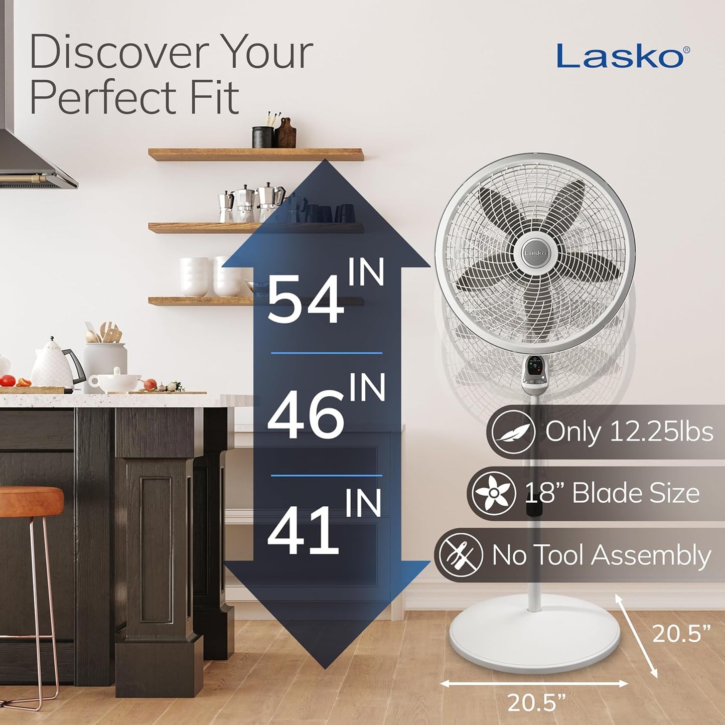 Lasko Cyclone Pedestal Fan, Adjustable Height, Remote Control, Timer, 3 Speeds, for Bedroom, Kitchen, Office and Living Room, 18", White, 1885, Large