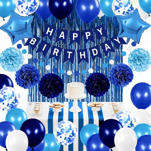 Blue Birthday Party Decorations - Skiennix Happy Birthday Banner, Balloons & Pom Poms | Navy & Light Blue
