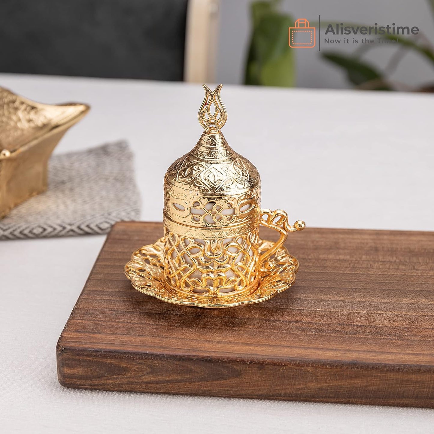 Alisveristime Turkish Coffee Set for Two - Authentic Ottoman Style Cups, Saucers, and Serving Tray with Lale Motifs (Acur) (Copper)