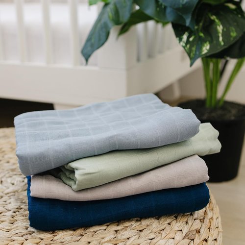 Featherhead™ Cotton Muslin Swaddle Blankets - Soft & Breathable Newborn Essentials | Large 47”x47” (4 Pack - Blue Solids)