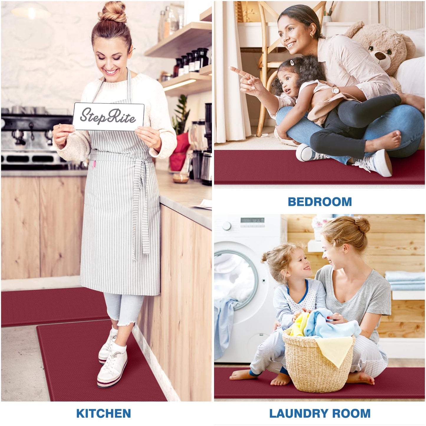 StepRite Kitchen Mats, 2PCS Kitchen Rugs, Cushioned Anti Fatigue Kitchen Mats for Floor, Non-Slip Standing Desk Mat, Waterproof Kitchen Rug Set for Kitchen, Floor, Office, 17.3"x30"+17.3"x59", Red