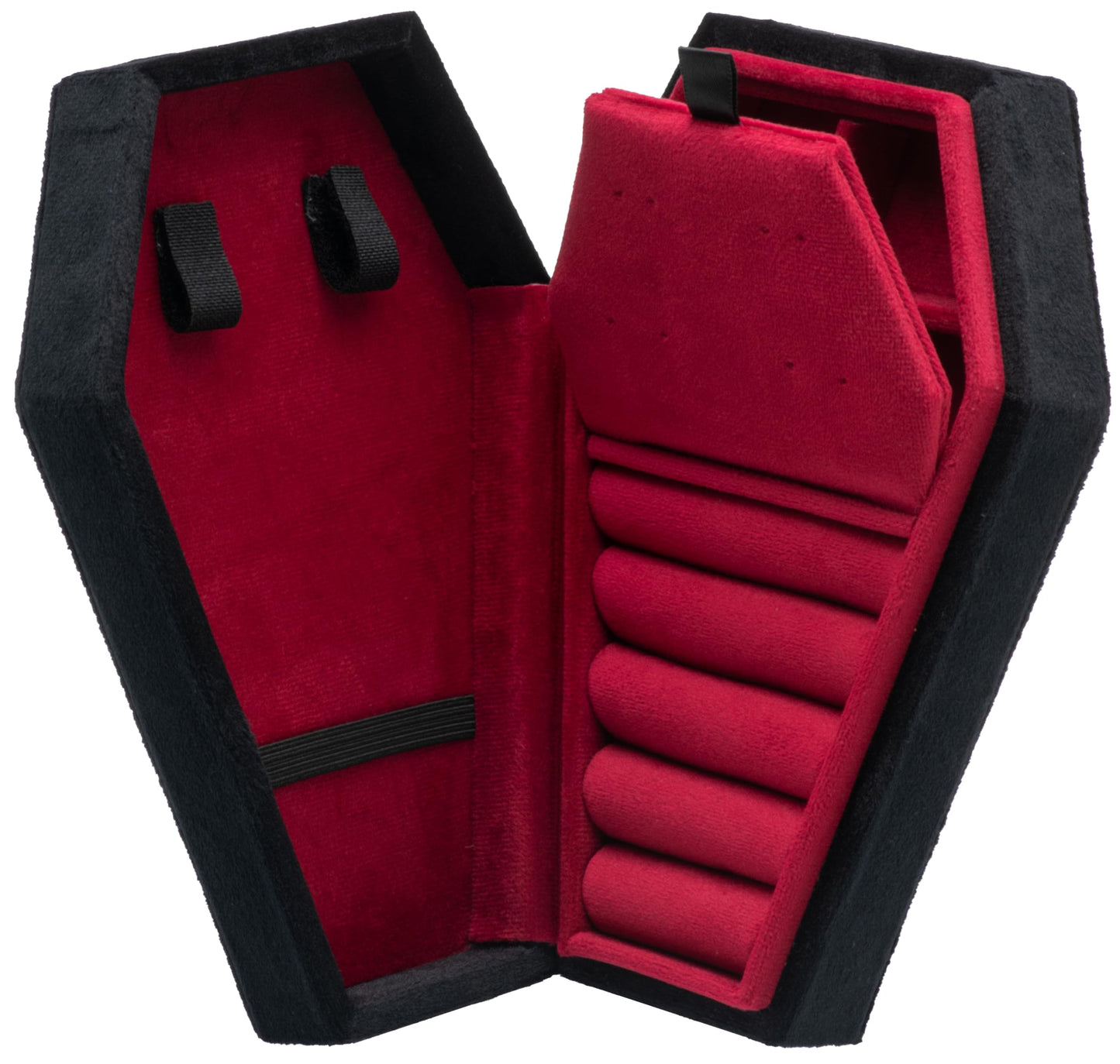 Giftop Velvet Coffin Jewelry Travel Case Holder for Gothic Wedding Ceremony,Gothic Jewelry Organizer Decoration (Black Red 4 Grid)