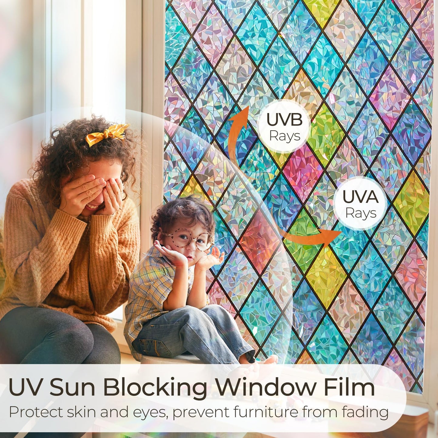 Windimiley Stained Glass Window Privacy Film:3D Rainbow Floral Decorative Frosted Static Cling Bathroom Heat Control Sun Blocking Window Sticker Non Adhesive Door Window Covering(23.6 x78.7in,Lattice)