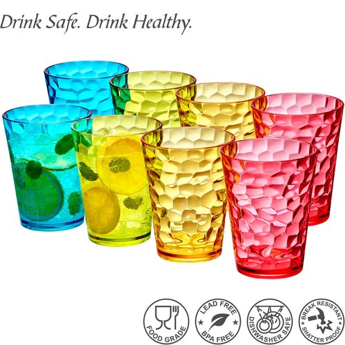 Amazing Abby - Iceberg 16-Ounce Plastic Tumblers (Set of 8), Drinking Glasses, Mixed-Color Reusable Cups, Stackable, BPA-Free, Shatter-Proof, Dishwasher-Safe