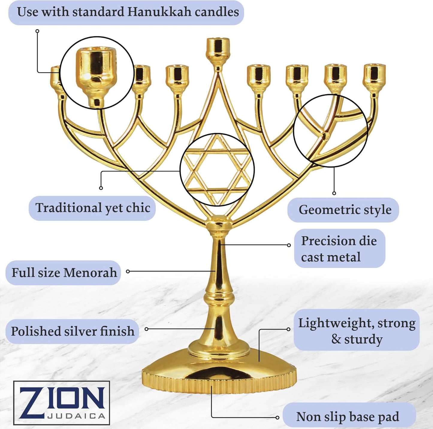 Silver Plated Geometric Hanukkah Menorah - 9" Classic Chanukah Candle Holder by Zion Judaica