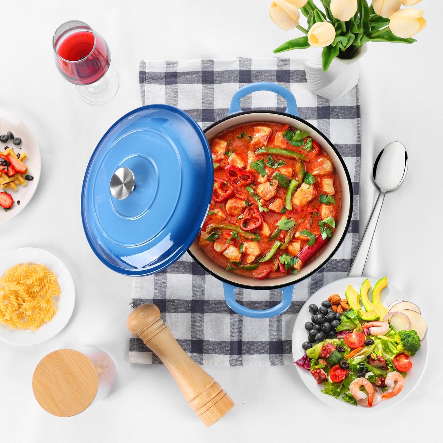 P&P CHEF 6QT Enameled Dutch Oven, Cast Iron Dutch Oven Pot with Lid for Bread Baking, Enameled Casserole Pot for Roasting Braising Stewing Frying Simmering, Various Stoves & Easy Clean, Blue