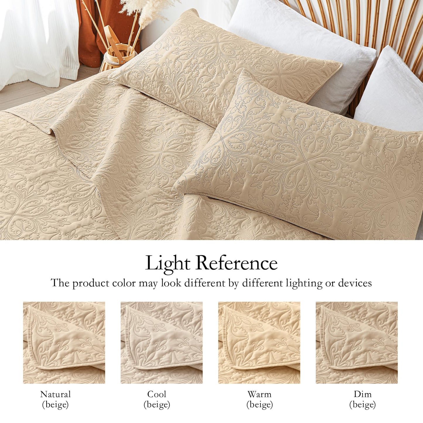 akkialla Beige Full Queen Quilt Bedding Set for All Seasons,Lightweight Bedspread Queen Size,Modern Style Soft Microfiber Elegant Floral Design Coverlet Set(1 Quilt,2 Pillow Shams)