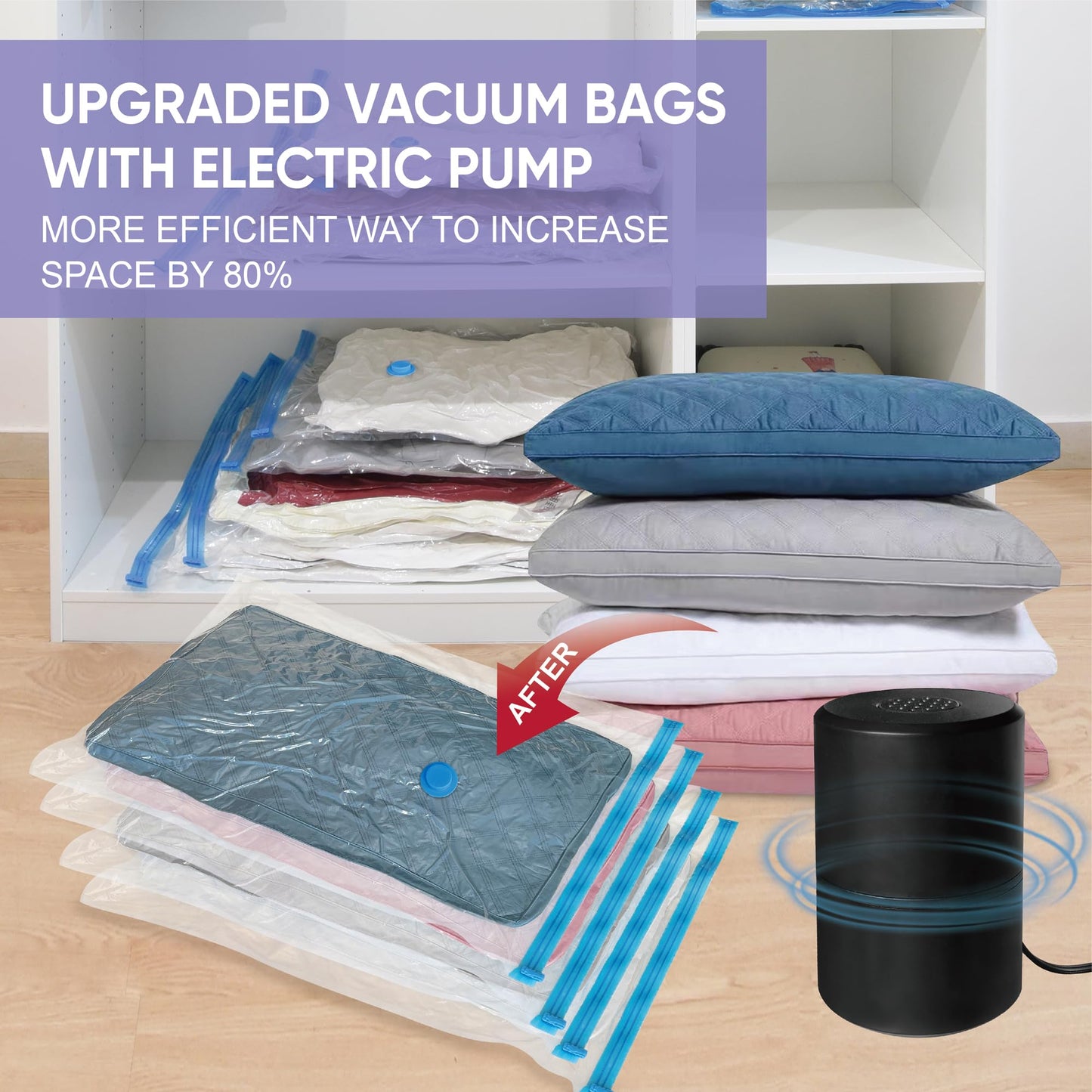 Vacuum Storage Bags with Electric Pump, 22 Combo (3Large/3Jumbo/8Medium/8Small) Space Saver Bags Vacuum Seal Bags with Pump, Space Bags, Vacuum Sealer Bags for Clothes, Comforters, Blankets, Bedding
