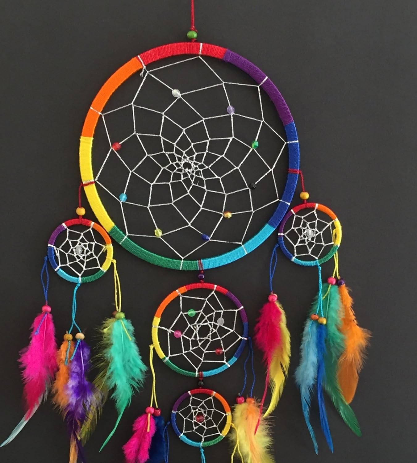 Handmade Rainbow Chakra Dream Catcher - 7" Diameter with Tie Dye Feathers & Beads