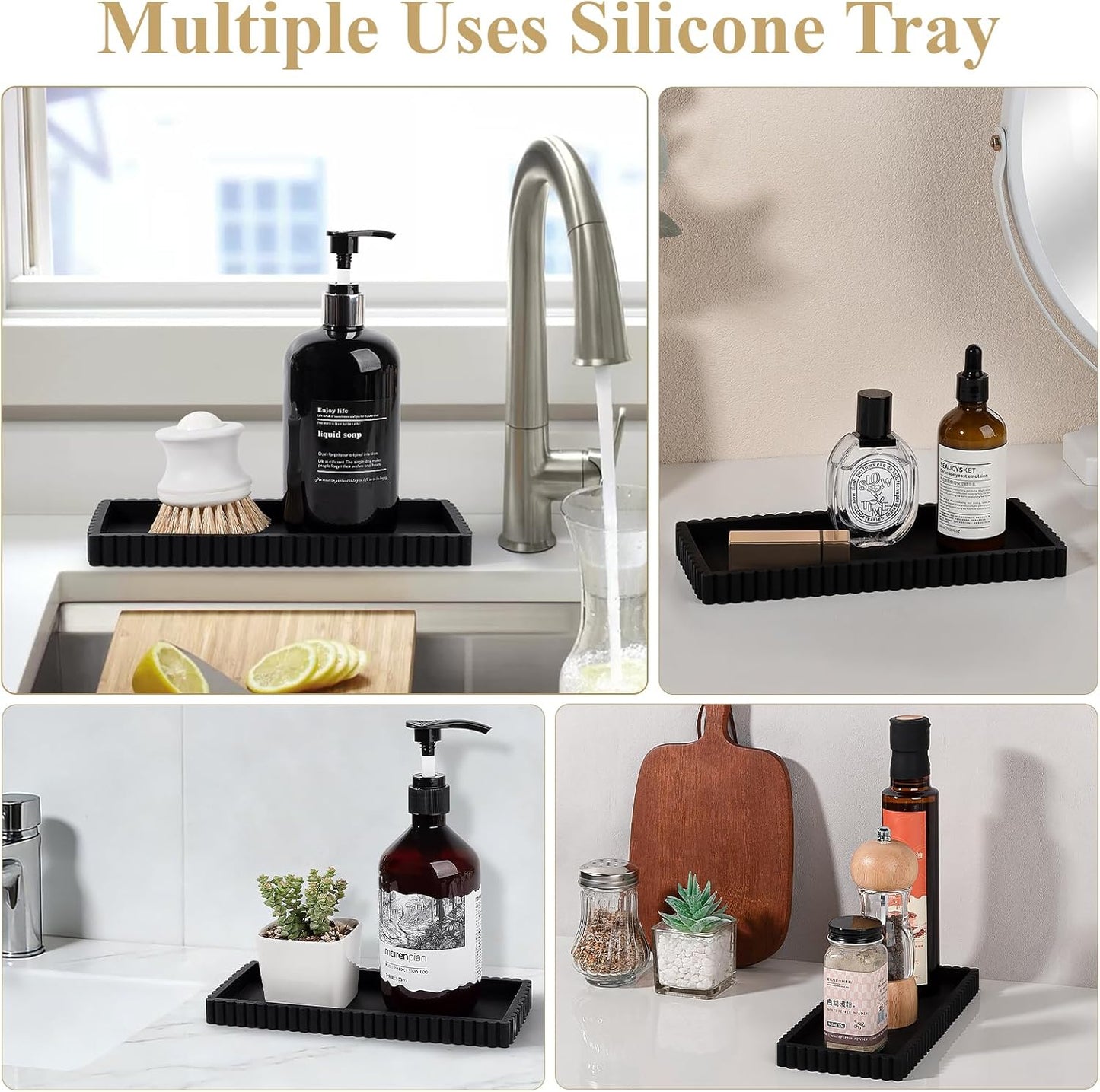 Skiennix Silicone Bathroom Tray - Small Vanity Organizer for Sink & Counter Decor | Black