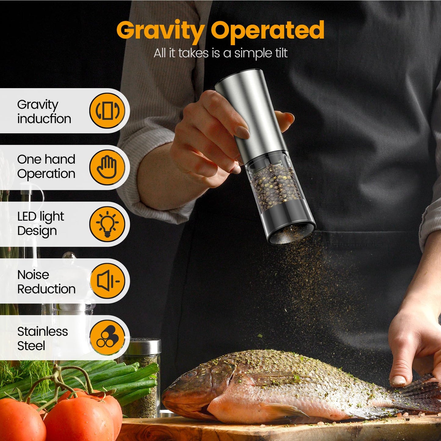 Electric Salt and Pepper Grinder Set — Gravity Rechargeable Salt Pepper Grinder with Charging Base and LED Light, Adjustable Coarseness, Large Capacity, One-handed Operation Salt Pepper Mills
