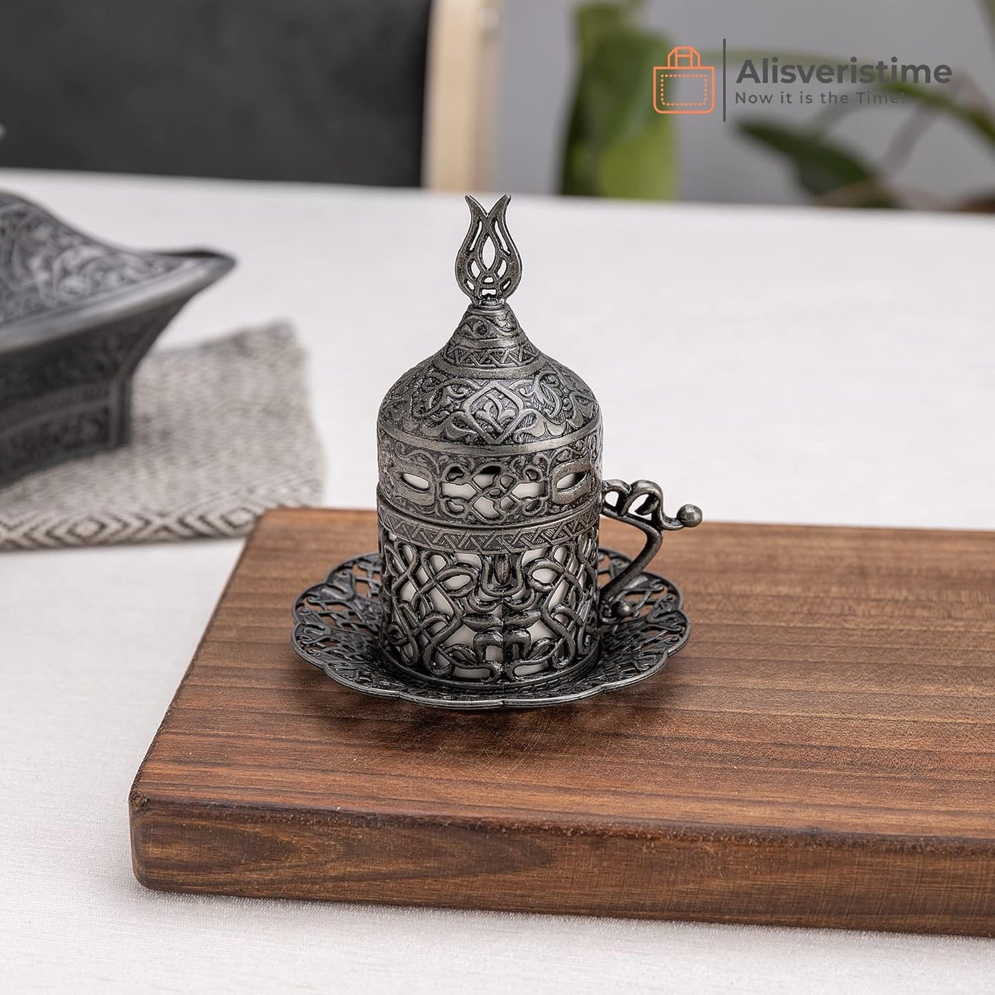Alisveristime Turkish Coffee Set for Two - Authentic Ottoman Style Cups, Saucers, and Serving Tray with Lale Motifs (Acur) (Copper)